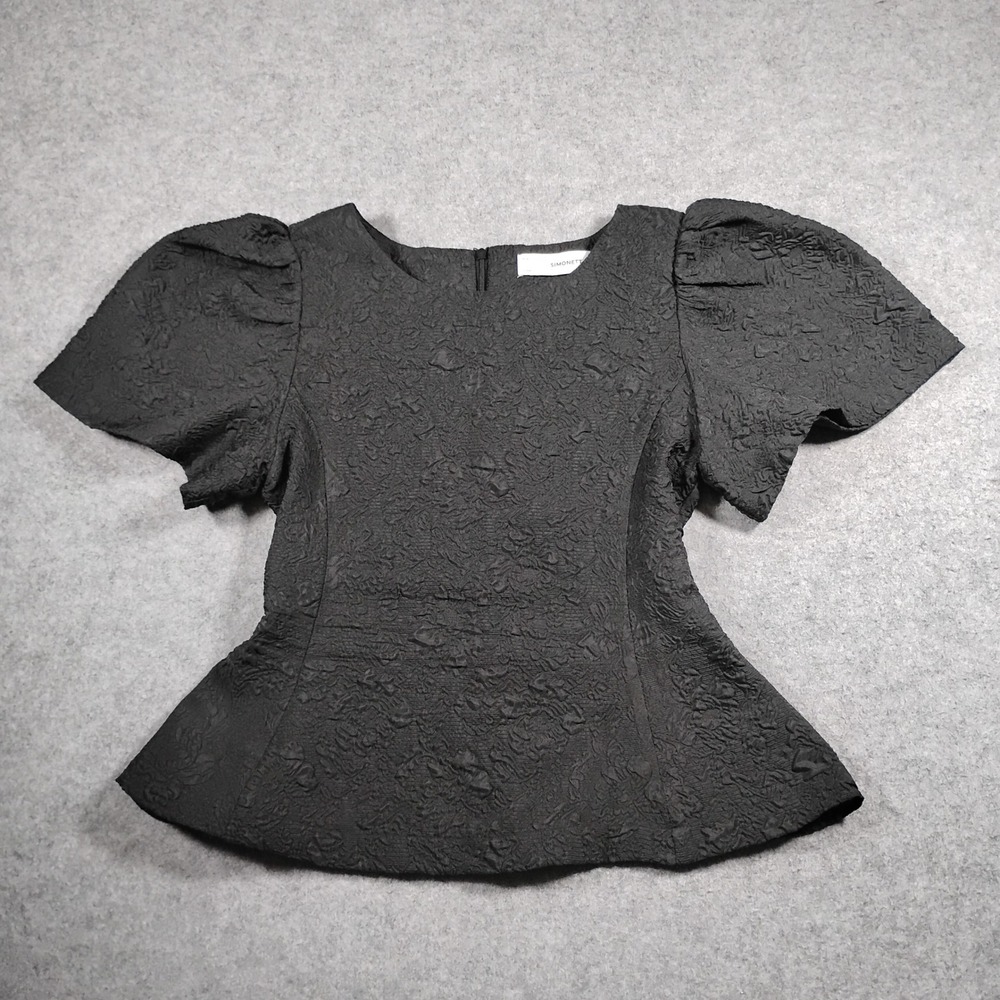 Simonett Beya Top Womens Extra Small Black Textured Cloque Puff Sleeve Peplum